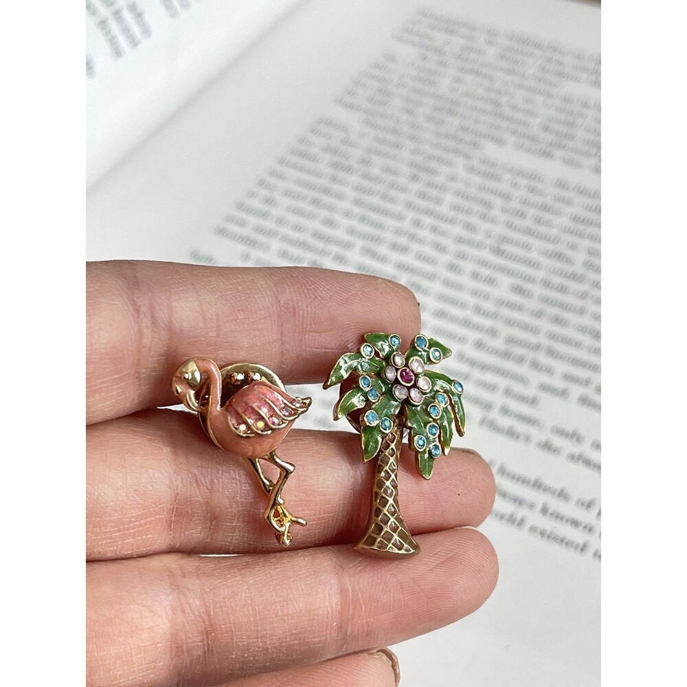 VTG Set of 2 Signed N A Flamingo & Palm Tree Rhinestone Enamel Pins Brooches